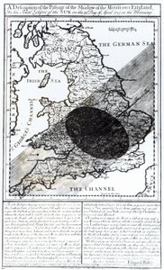 Et kort, der viser månens skygges passage over England den 22. april 1715, indgraveret af John Senex, 1715